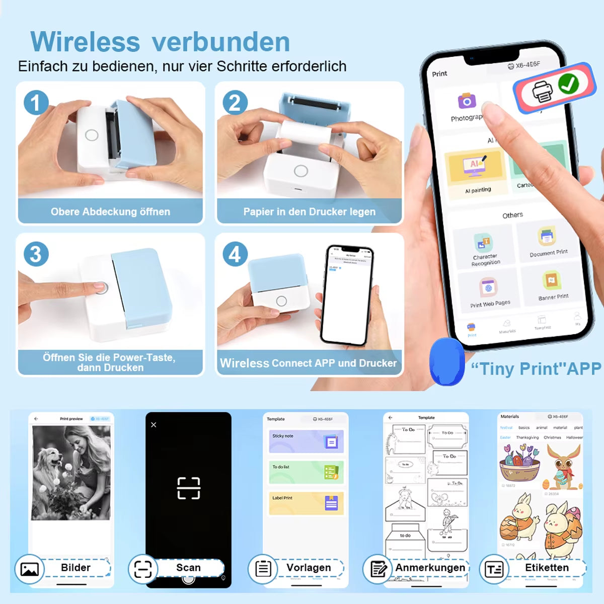 Wireless Mini Thermal Printer Wireless Mini Thermal Printer, Portable Label Maker, 200Dpi High Resolution, USB Rechargeable