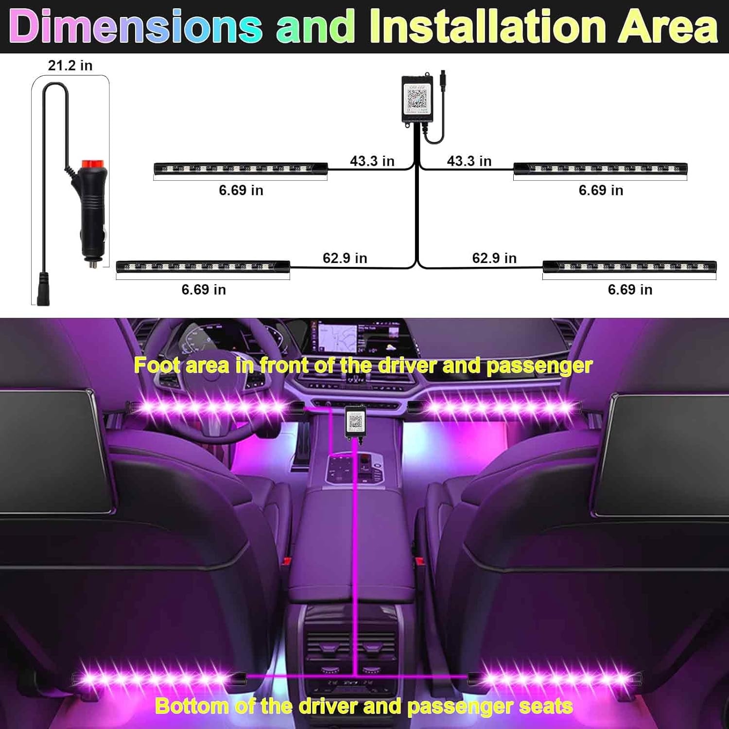 Car Interior Lights, 12V LED Strip Lights with Cigarette Lighter Adapter, Ambient Lighting Car Accessories, App & Remote Control Music Sync Color Change Lights for Truck Car- 2 Set