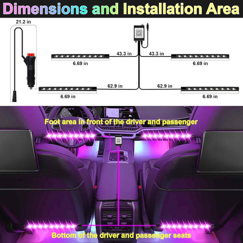 Car Interior Lights, 12V LED Strip Lights with Cigarette Lighter Adapter, Ambient Lighting Car Accessories, App & Remote Control Music Sync Color Change Lights for Truck Car- 2 Set