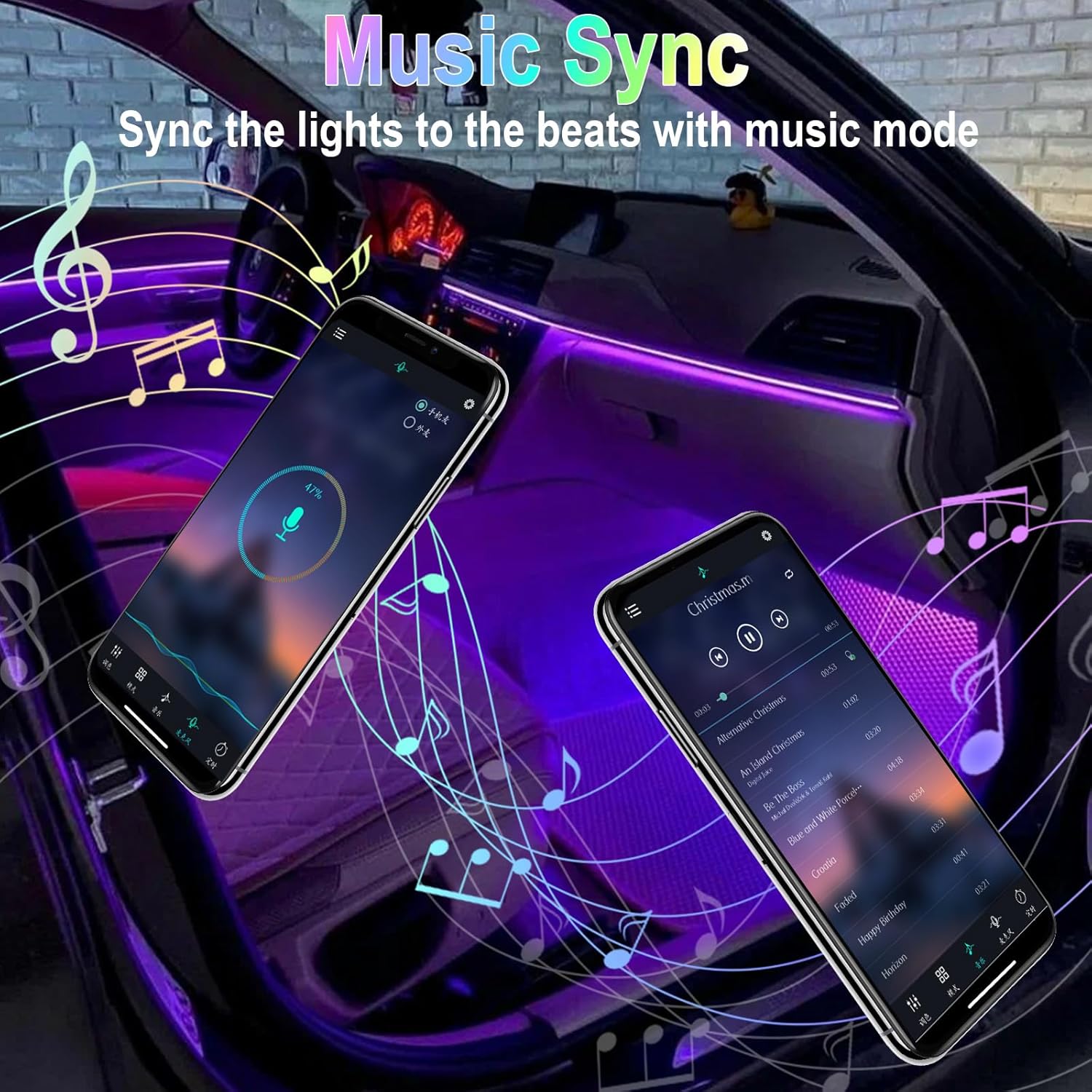 Car Interior Lights, 12V LED Strip Lights with Cigarette Lighter Adapter, Ambient Lighting Car Accessories, App & Remote Control Music Sync Color Change Lights for Truck Car- 2 Set