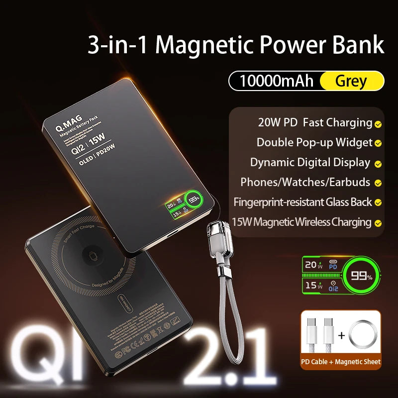 QI 2.1 Magnetic Powerbank Wireless Fast Charing Spare Portable External Battery for Iphone 12-17 Pro Watch Airpods 5000/10000Mah