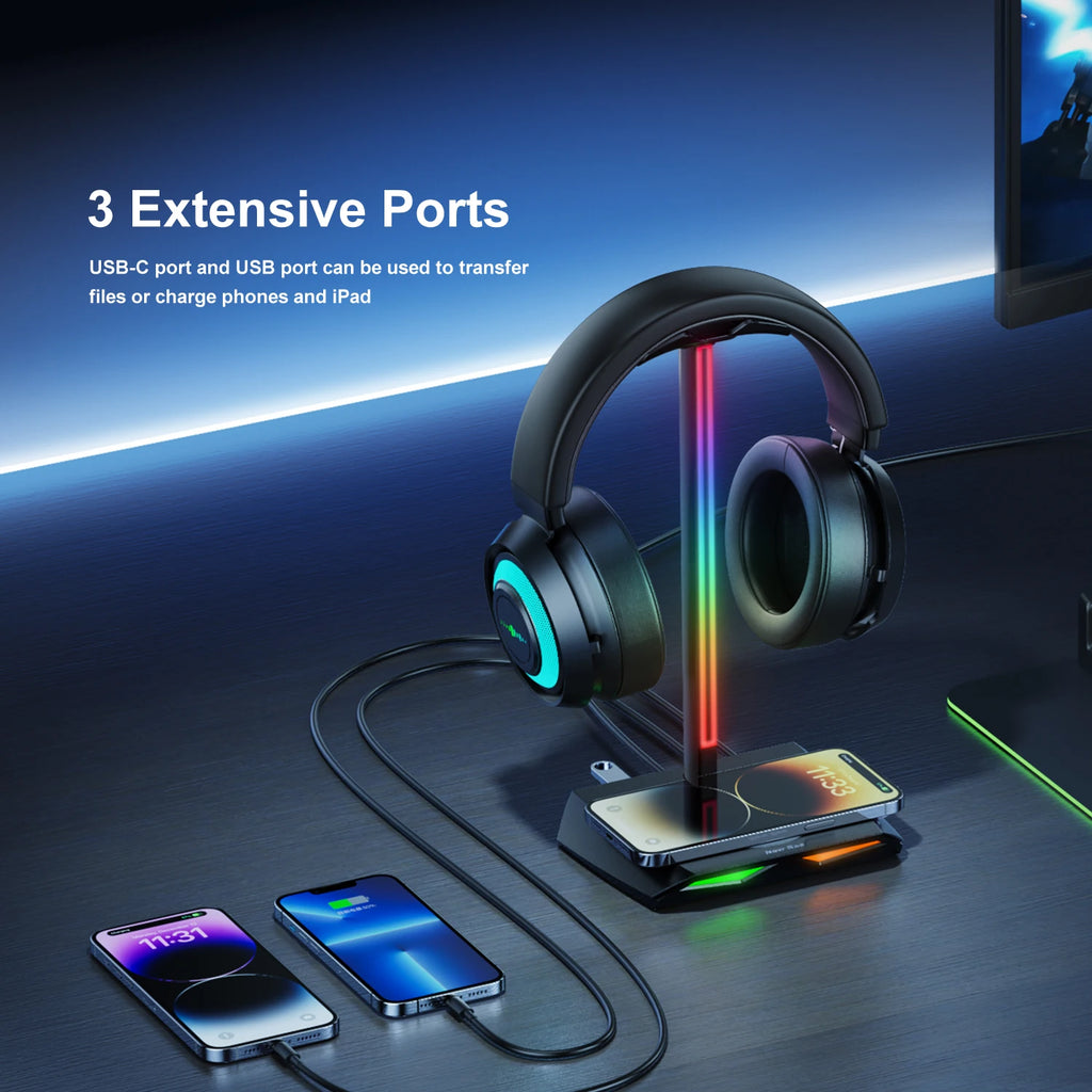 Headphone stand with USB-C and USB ports